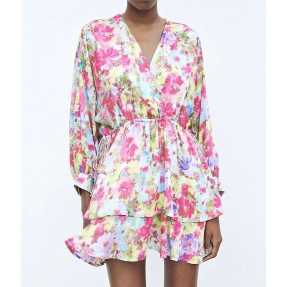 Zara Dress Womens S Multicolor Floral Satin Effect Tiered Mini Drawstrings NWT - Picture 2 of 16